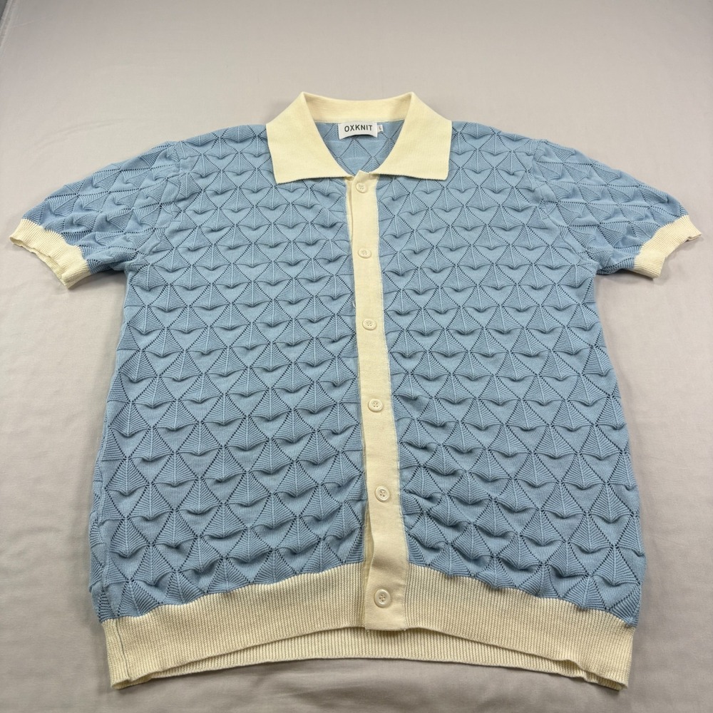 Oxknit Sweater Mens Large Blue Cardigan Short Sleeve Stretch Tennis Preppy Slim